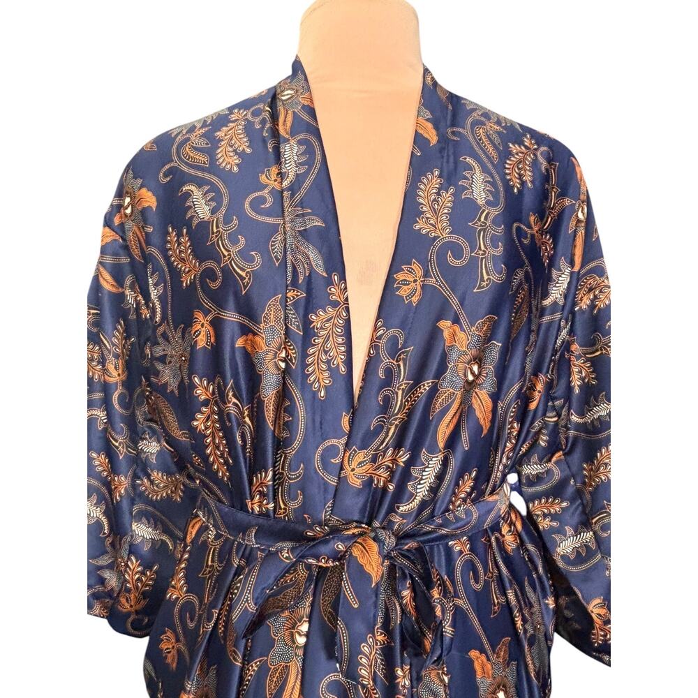 Handmade Indonesian Silk Kimono Robe Blue Batik Floral Wrap Duster Boho Lounge